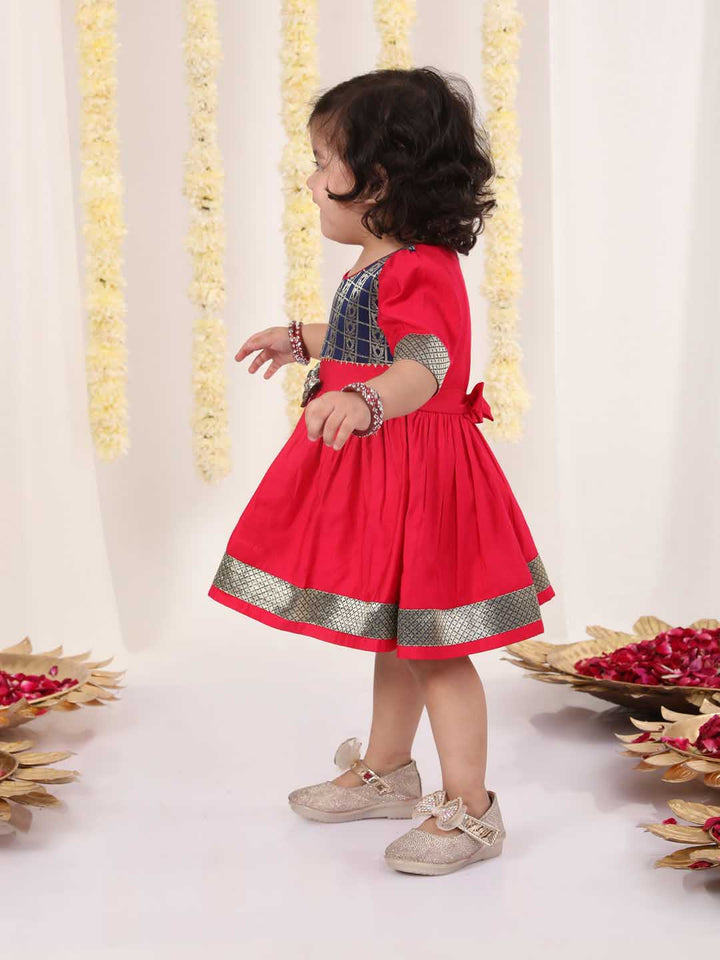 VASTRAMAY Girl's Navy Blue And Pink Banarsi Frock