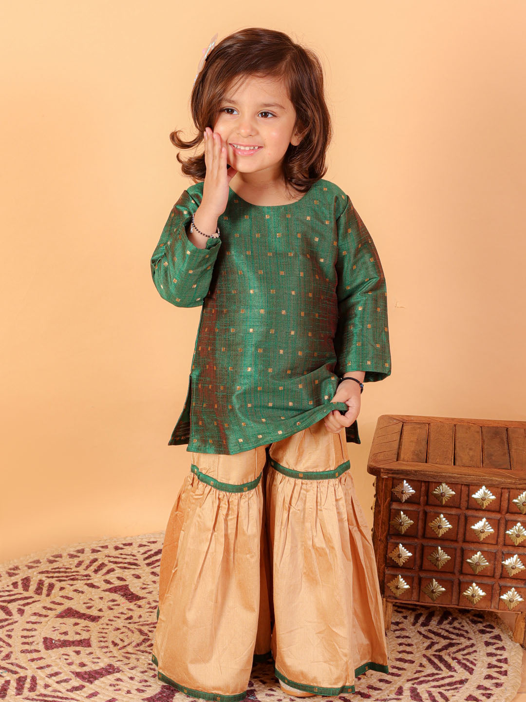 VASTRAMAY SISHU Girls' Green Zari Kurta And Rose Gold Sharara Set