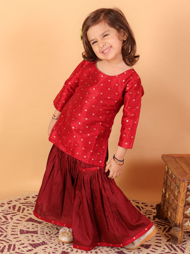 VASTRAMAY SISHU Girls' Maroon Zari Kurta And Maroon Sharara Set