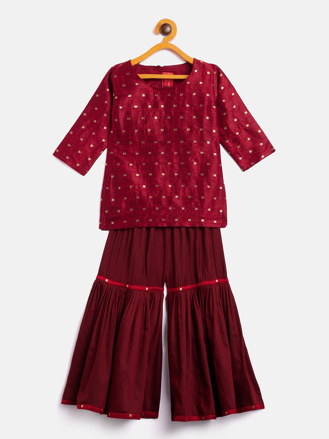 VASTRAMAY SISHU Girls' Maroon Zari Kurta And Maroon Sharara Set