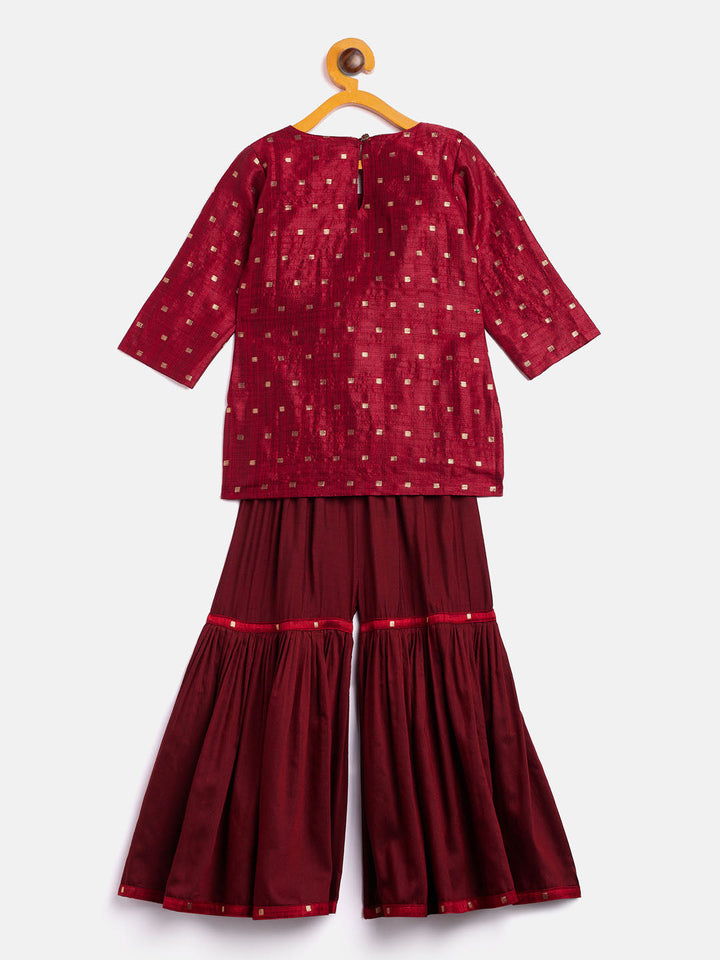 VASTRAMAY SISHU Girls' Maroon Zari Kurta And Maroon Sharara Set