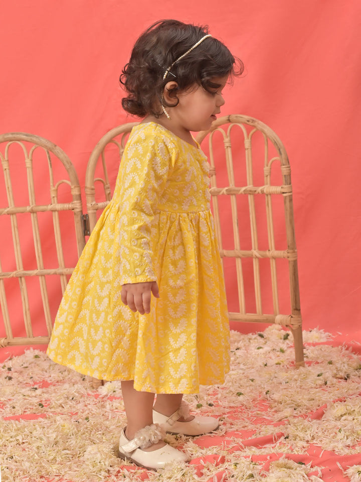 VASTRAMAY Girl's Mustard Chikankari Cotton Kurta