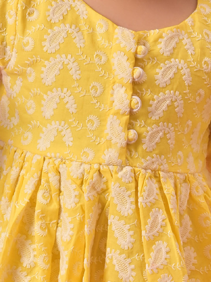 VASTRAMAY Girl's Mustard Chikankari Cotton Kurta