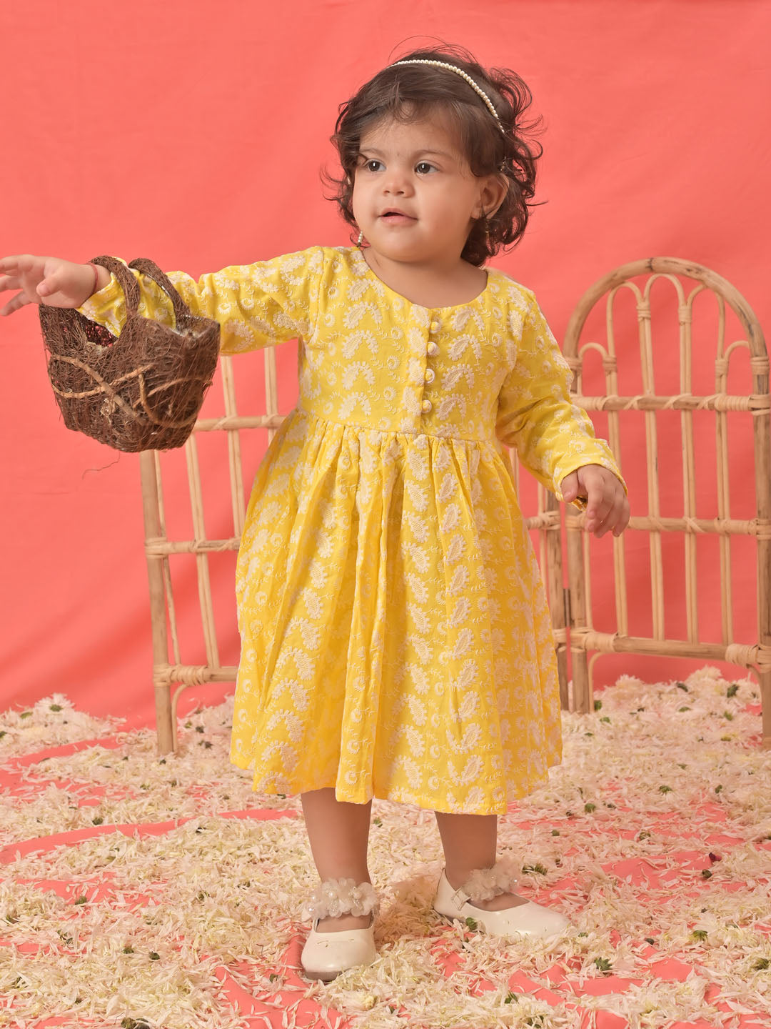 VASTRAMAY Girl's Mustard Chikankari Cotton Kurta