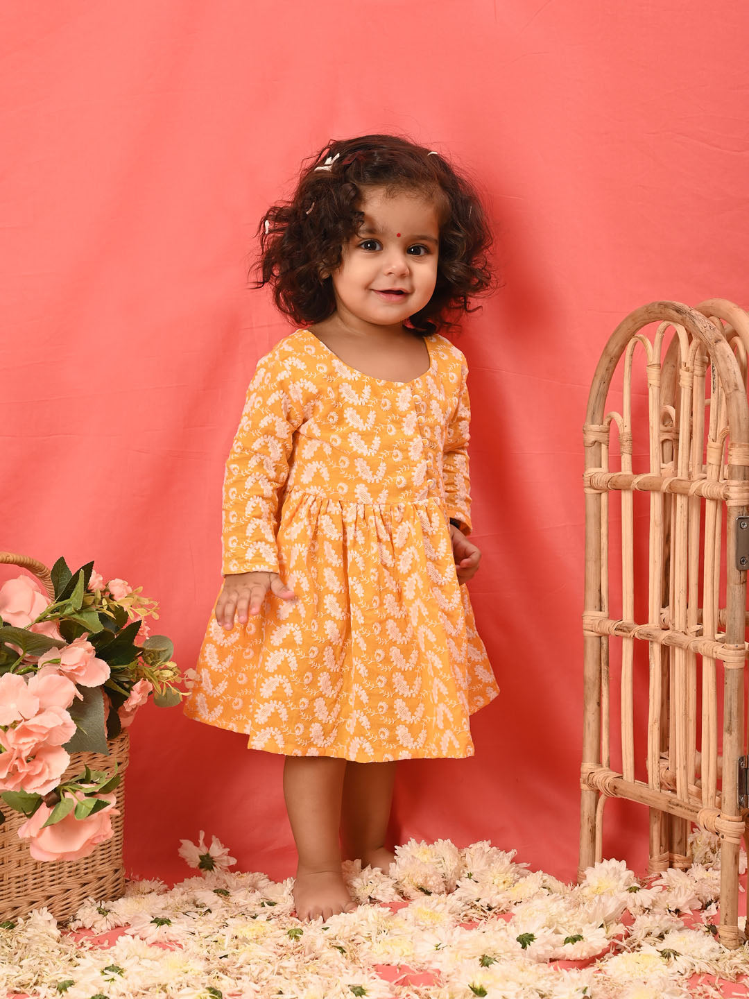 VASTRAMAY Girl's Orange Chikankari Cotton Kurta