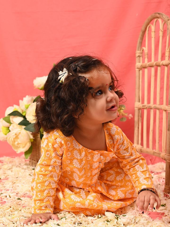 VASTRAMAY Girl's Orange Chikankari Cotton Kurta