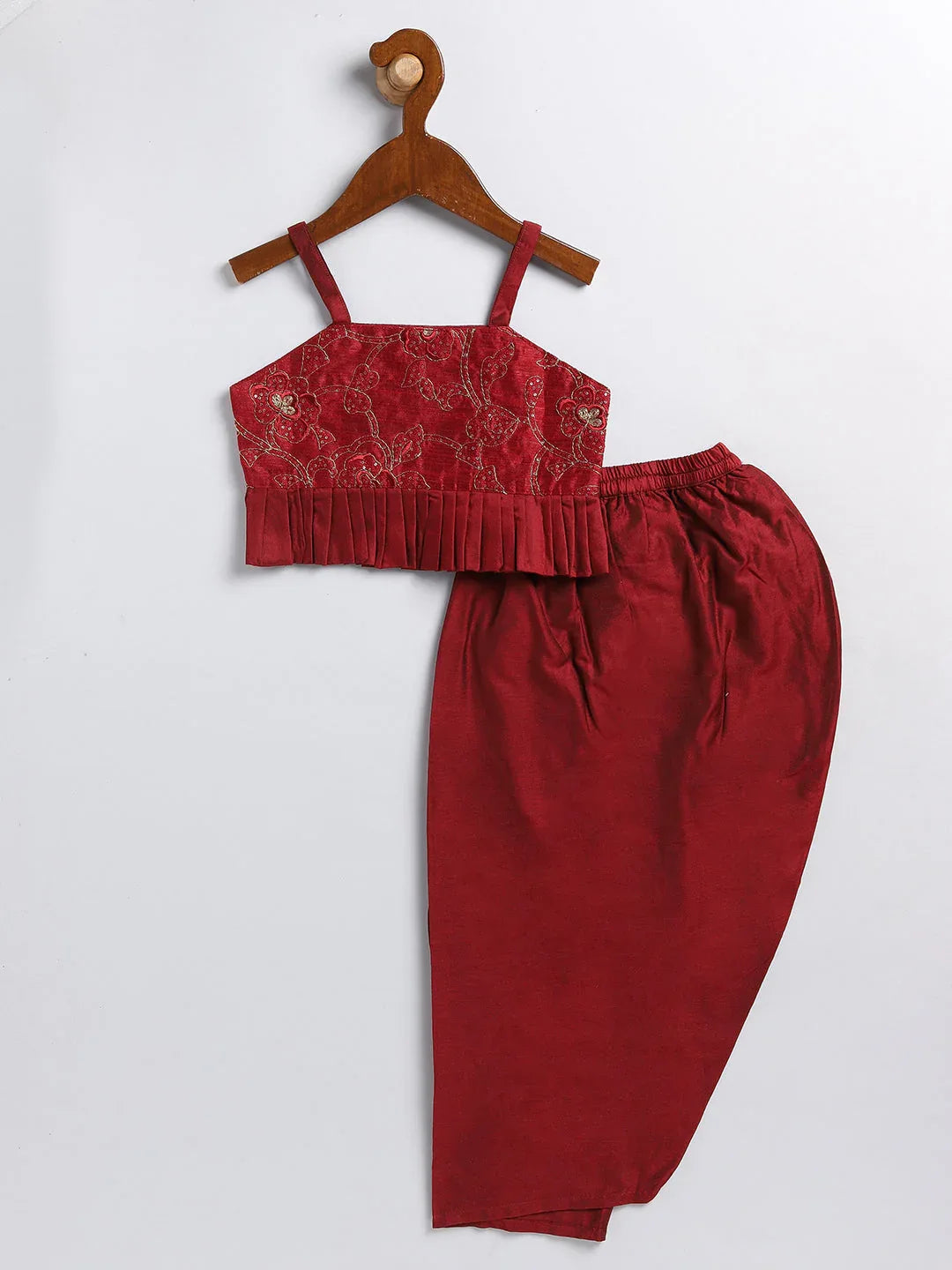 Sishu Girl's Maroon Draped Skirt With Crop Top