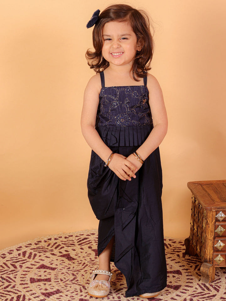 VASTRAMAY SISHU Girl's Navy Blue Draped Skirt With Crop Top