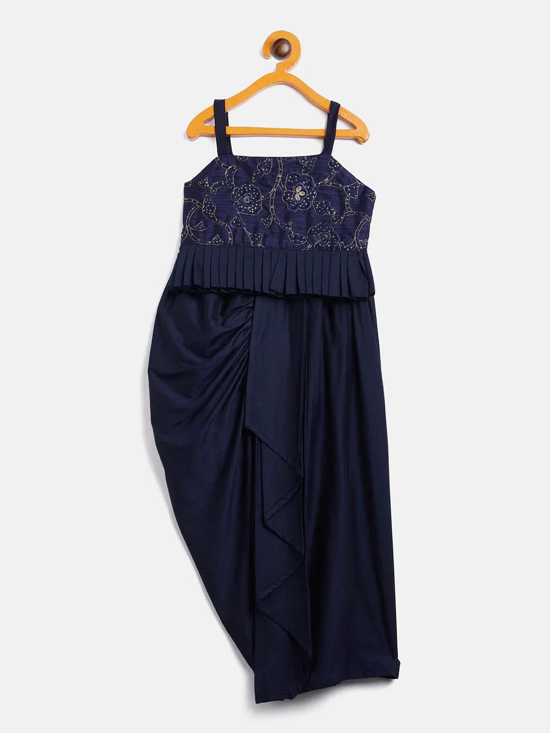 Sishu Girl's Navy Blue Draped Skirt With Crop Top