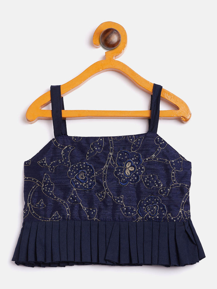 VASTRAMAY SISHU Girl's Navy Blue Draped Skirt With Crop Top