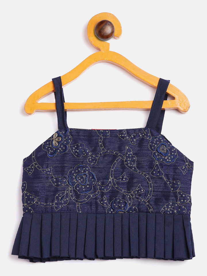 VASTRAMAY SISHU Girl's Navy Blue Draped Skirt With Crop Top