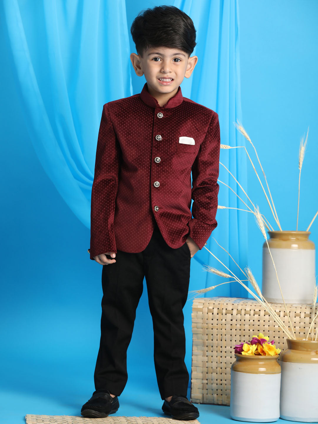 VASTRAMAY Boy's Maroon Polka Dot Printed Jodhpuri