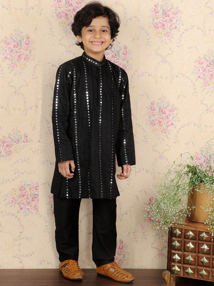 VASTRAMAY Boys Black Embroidered Vertical Mirror Work Kurta With Pyjama Set