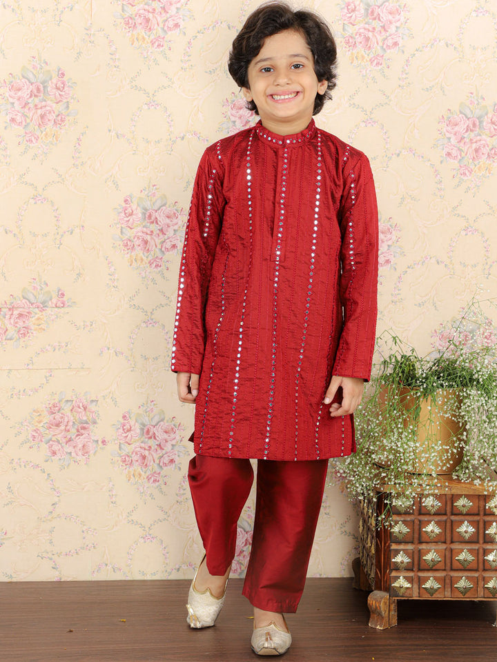 VASTRAMAY Boys Maroon Embroidered Vertical Mirror Work Kurta With Pyjama Set