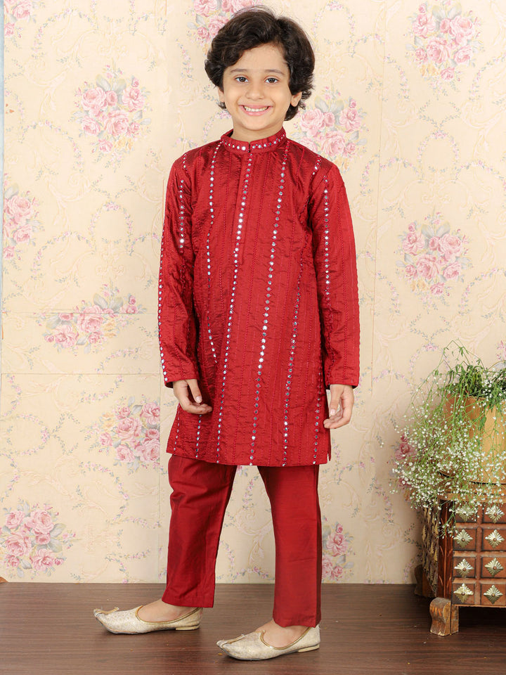 VASTRAMAY Boys Maroon Embroidered Vertical Mirror Work Kurta With Pyjama Set