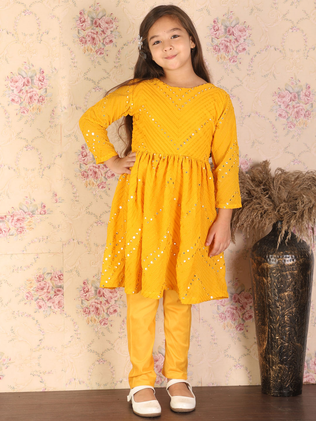 VASTRAMAY Girl's Yellow Mirror Kurta Pyjama Set