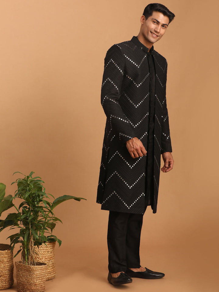 SHRESTHA By VASTRAMAY Men's Black Solid Kurta Pant Set With Mirror Over Coat Combo Set