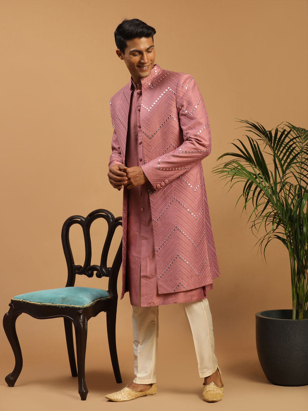 Vastramay Men's Onion Pink Solid Kurta Pant With Mirror Over Coat Combo Set