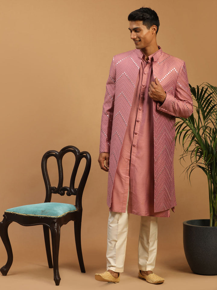 Vastramay Men's Onion Pink Solid Kurta Pant With Mirror Over Coat Combo Set