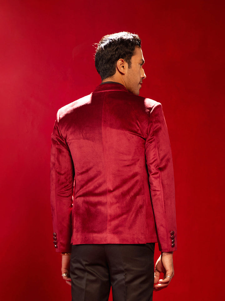 Vastramay Men's Maroon Velvet Fancy Blazer