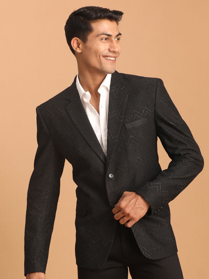 Vastramay Men's Black Zig Zag Glitter Silk Blend Blazer