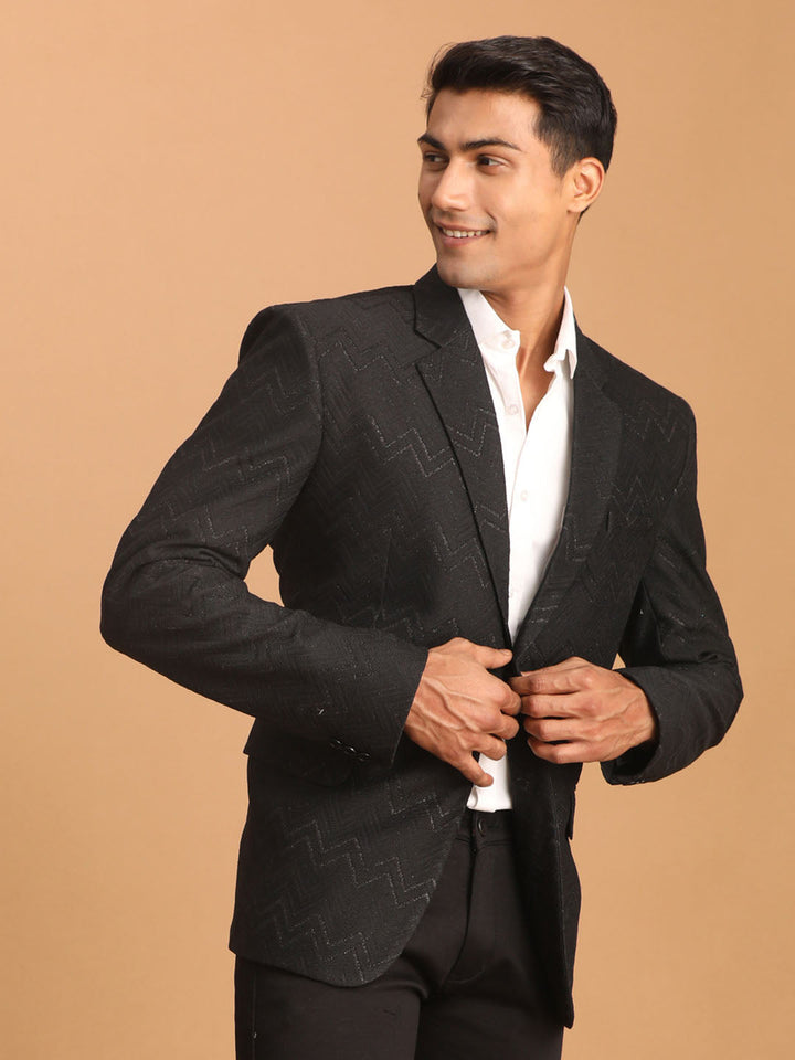 Vastramay Men's Black Zig Zag Glitter Silk Blend Blazer