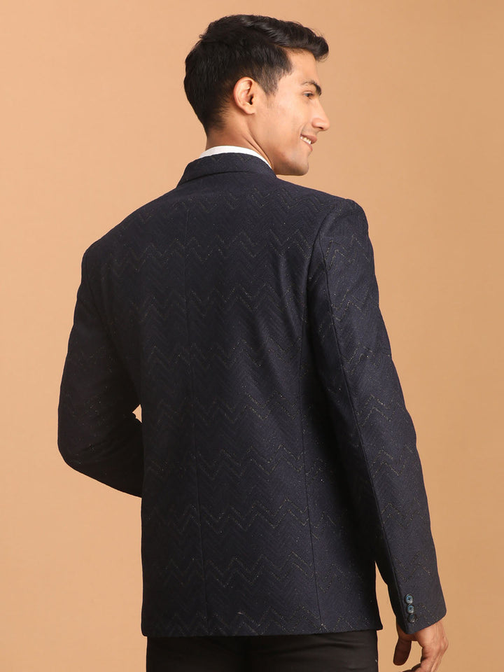 Vastramay Men's Navy Blue Zig Zag Glitter Silk Blend Blazer