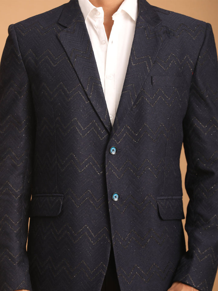 Vastramay Men's Navy Blue Zig Zag Glitter Silk Blend Blazer