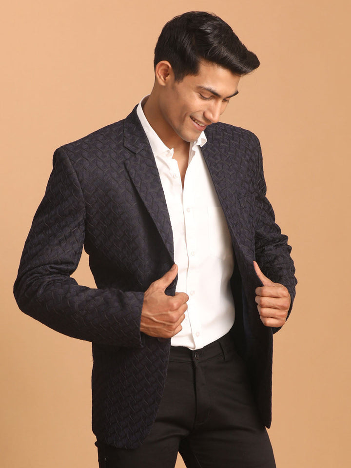 Vastramay Men's Navy Blue Silk Blend Self design Blazer