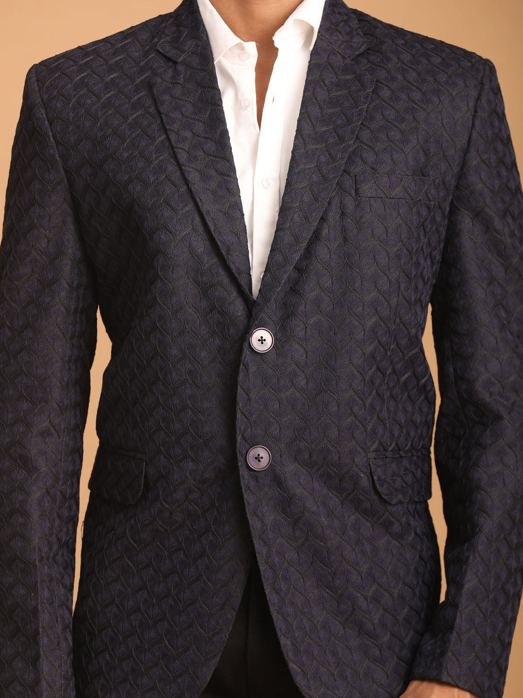 Vastramay Men's Navy Blue Silk Blend Self design Blazer