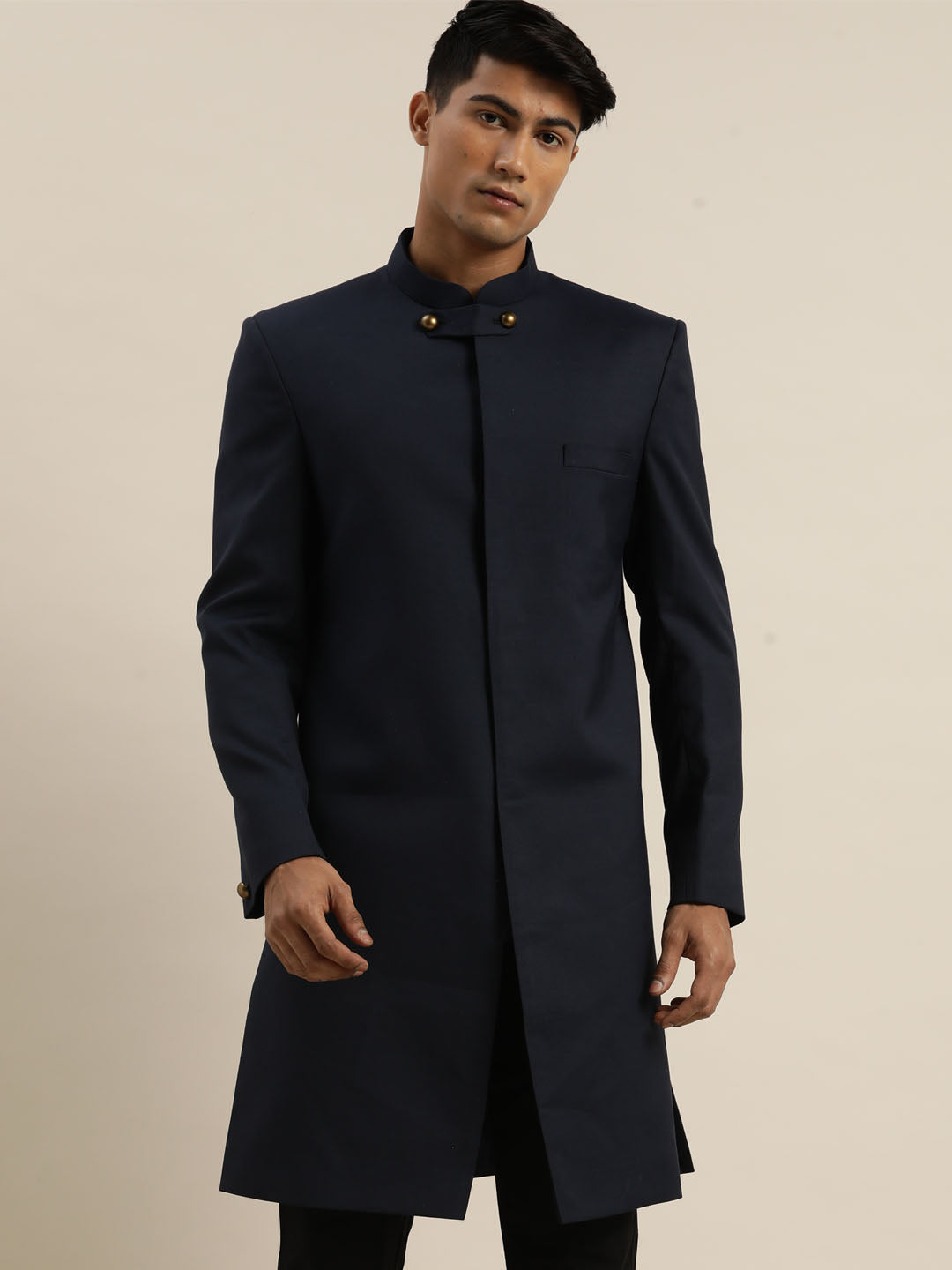 Vastramay Men's Navy Blue Silk Blend Indo Only Top