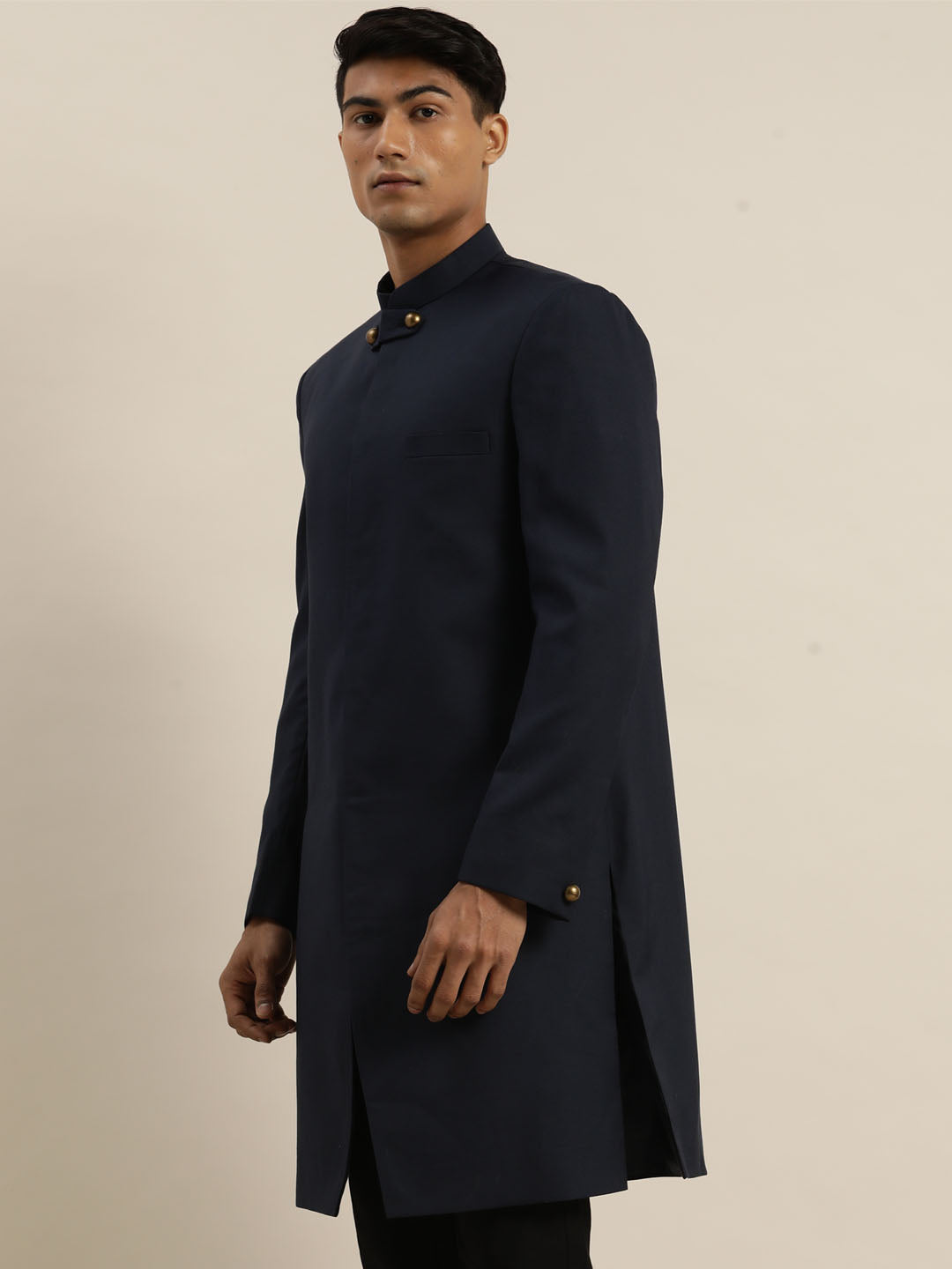 Vastramay Men's Navy Blue Silk Blend Indo Only Top