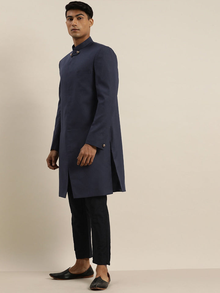 SHRESTHA By VASTRAMAY Men's Navy Blue & Black Solid Bandhgala Indo Set