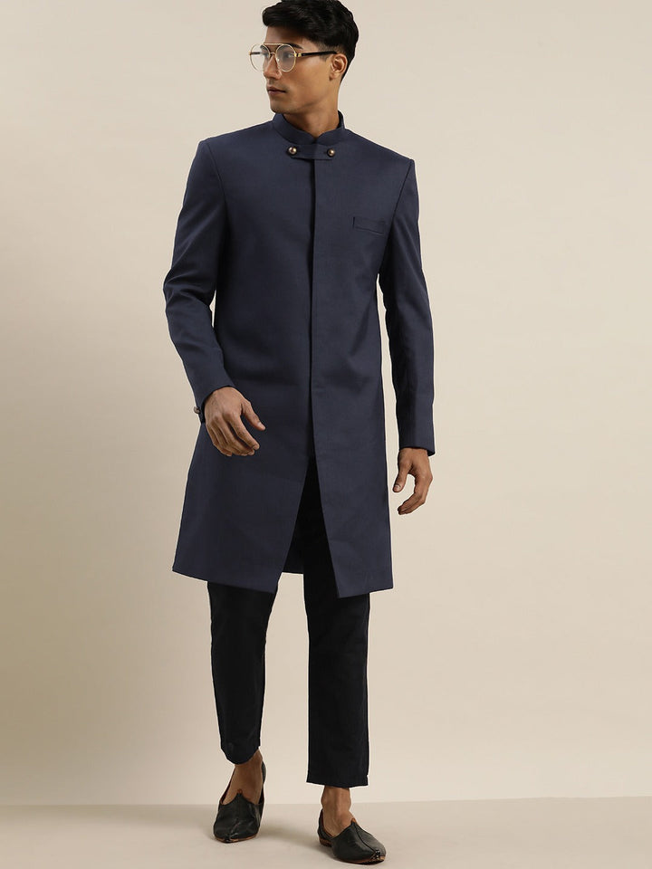 Vastramay Men's Navy Blue & Black Solid Bandhgala Indo Set