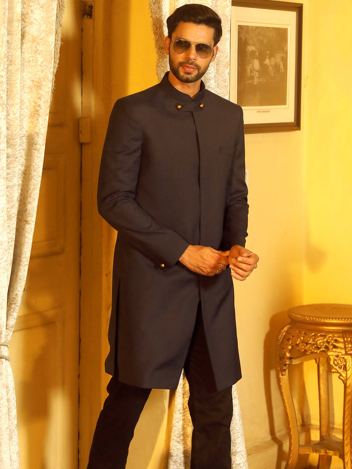 Vastramay Men's Navy Blue & Black Solid Bandhgala Indo Set