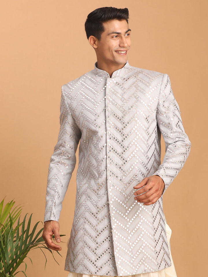 Vastramay Men's Aqua Blue Mirror Indo Western Sherwani Only Top