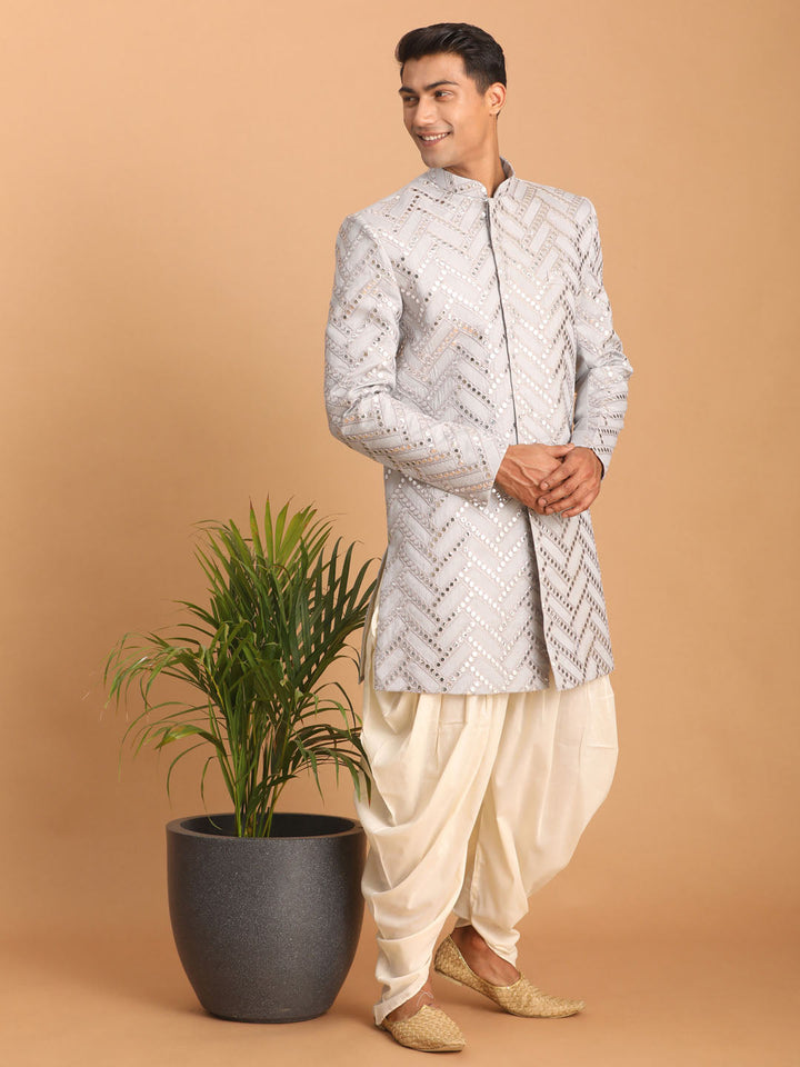 Vastramay Men's Aqua Blue Mirror Indo Western Sherwani With Dhoti Set