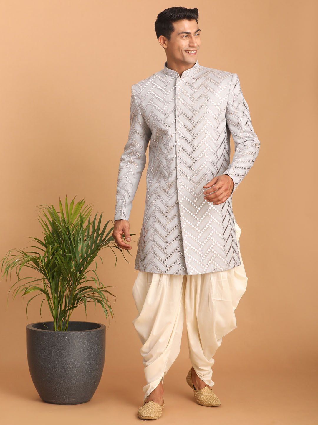 SHRESTHA By VASTRAMAY Men's Aqua Blue Mirror Indo Western Sherwani With Dhoti Set