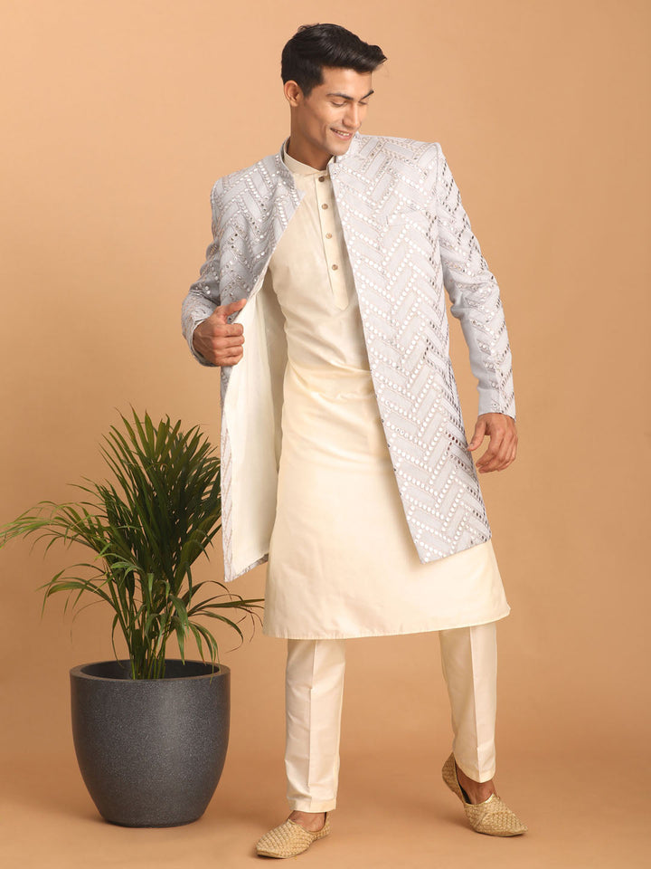 Vastramay Men's Aqua Blue Mirror Indo Western Sherwani with Kurta Pyjama Set