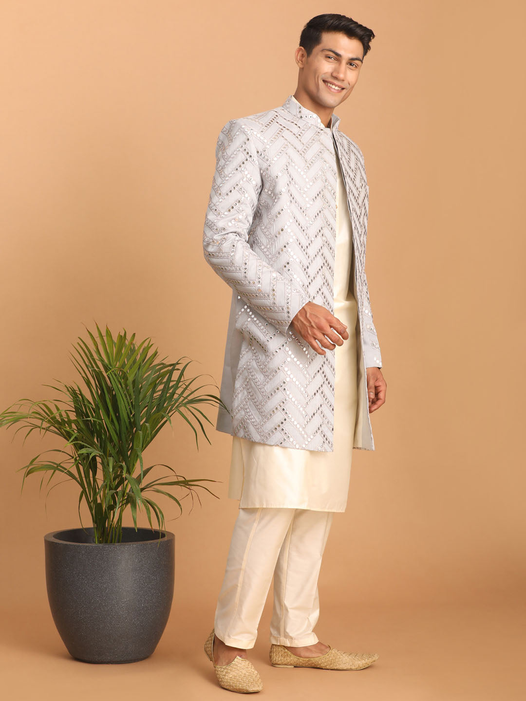 Vastramay Men's Aqua Blue Mirror Indo Western Sherwani with Kurta Pyjama Set