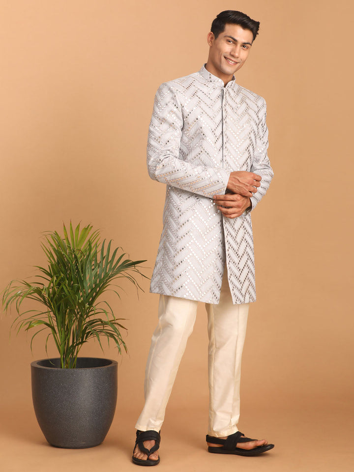 SHRESTHA By VASTRAMAY Men's Aqua Blue Mirror Indo Western Sherwani With Pant Set