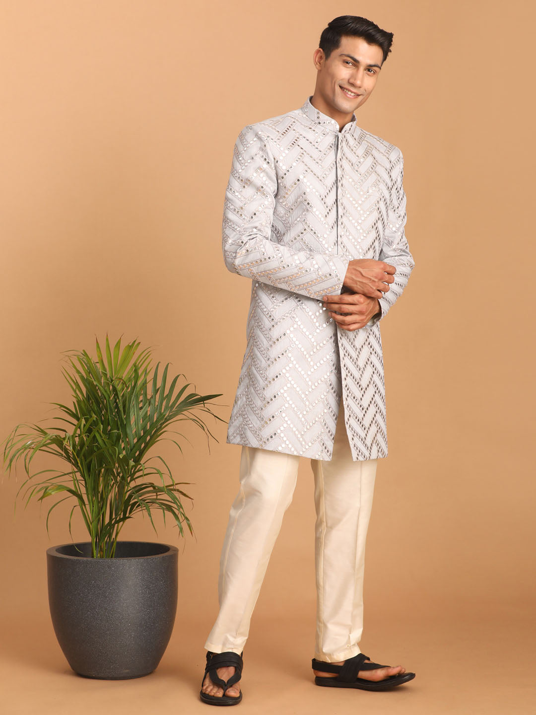 Vastramay Men's Aqua Blue Mirror Indo Western Sherwani With Pant Set