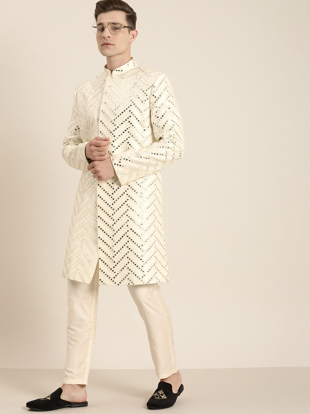 SHRESTHA By VASTRAMAY Men's Cream Indo Western Sherwani Only Top