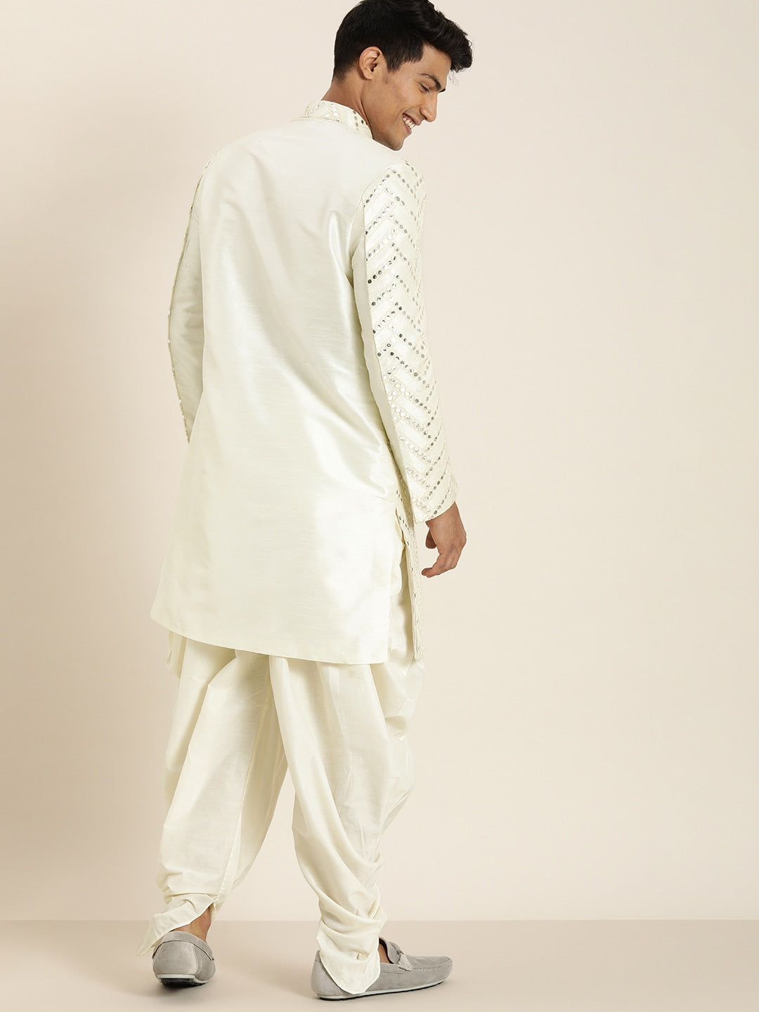 Vastramay Men's Cream Indo western Sherwani With Dhoti Set