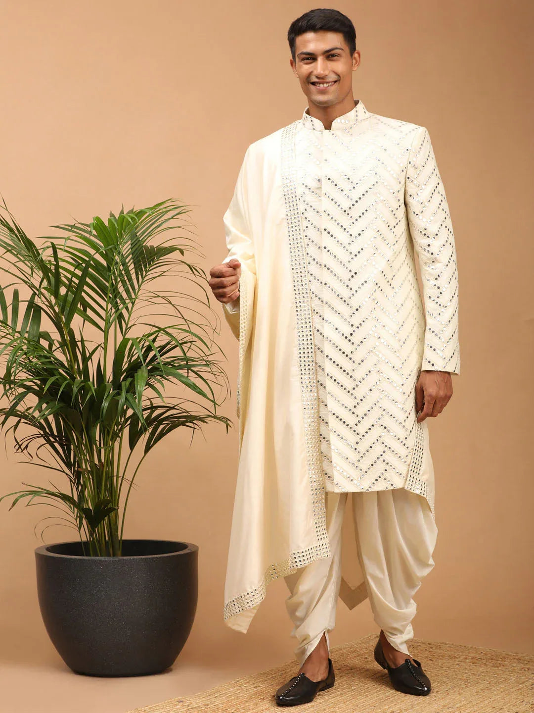 Men's Cream Mirror Indo Western Sherwani With Dupatta Set