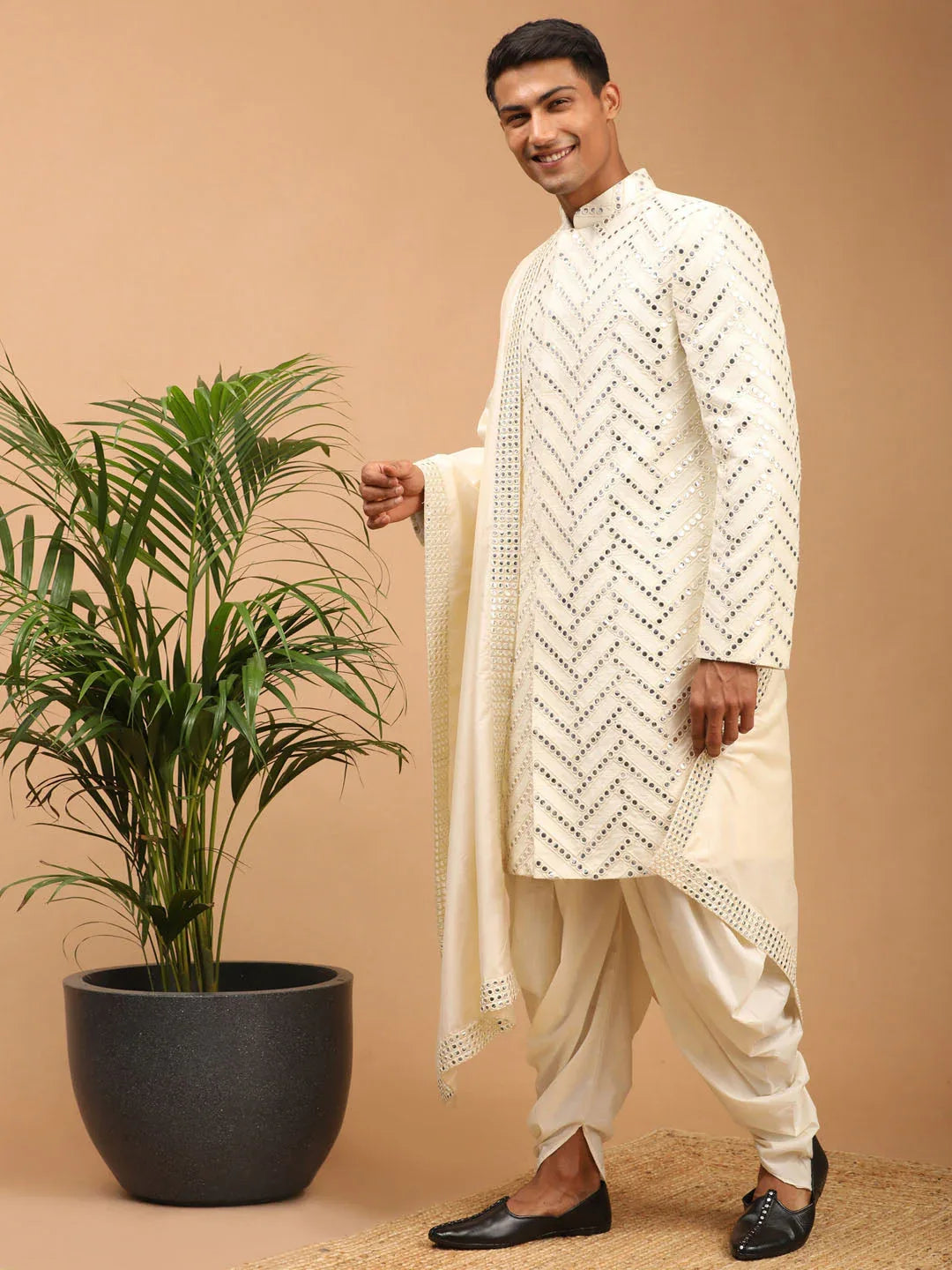 Men's Cream Mirror Indo Western Sherwani With Dupatta Set