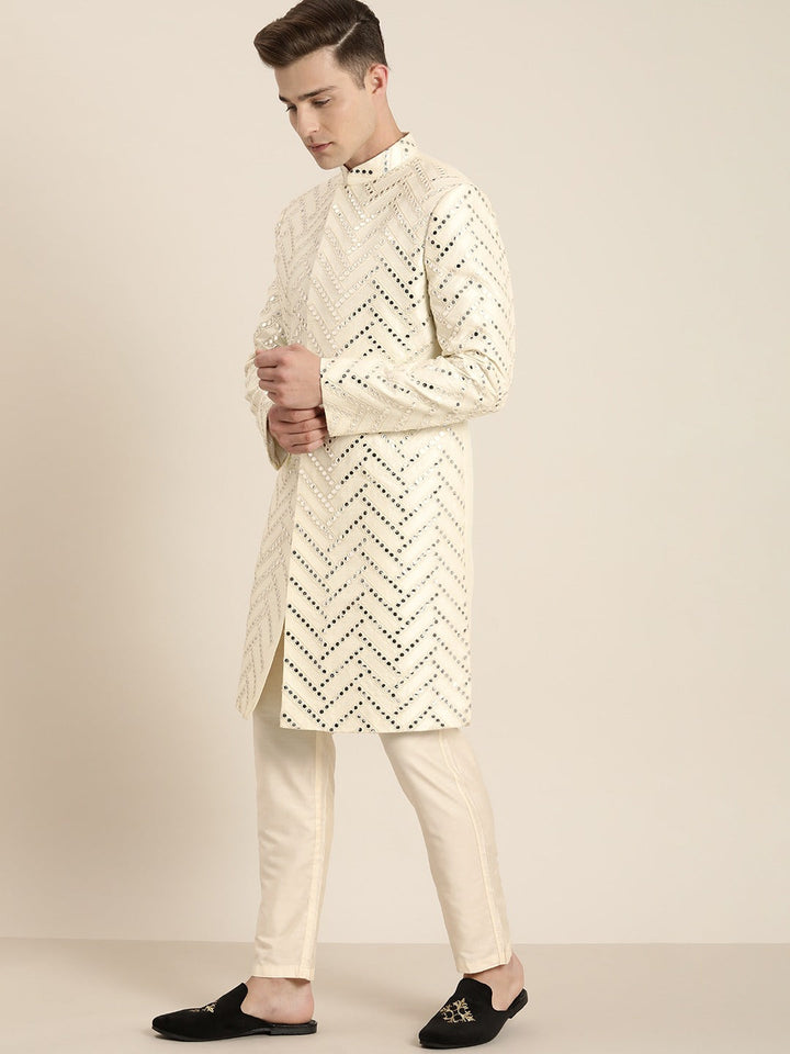 SHRESTHA By VASTRAMAY Men's Cream Mirror Indo Western Sherwani With Pant Set