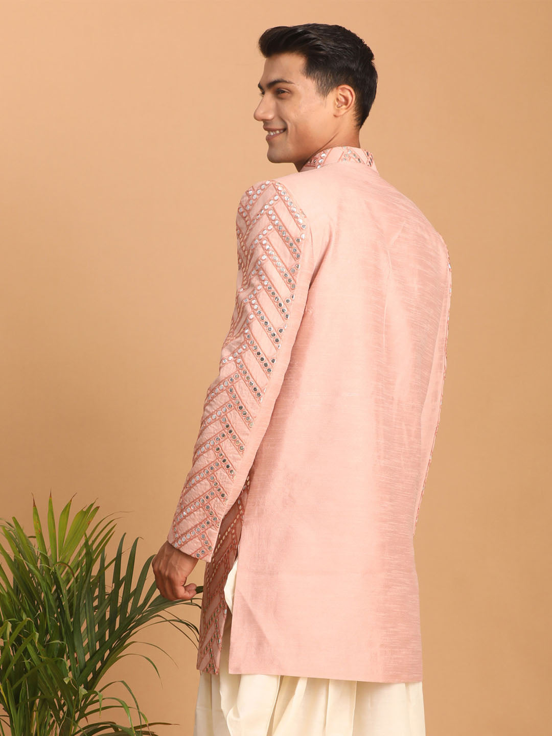 Vastramay Men's Pink Mirror Indo Western Sherwani Only Top