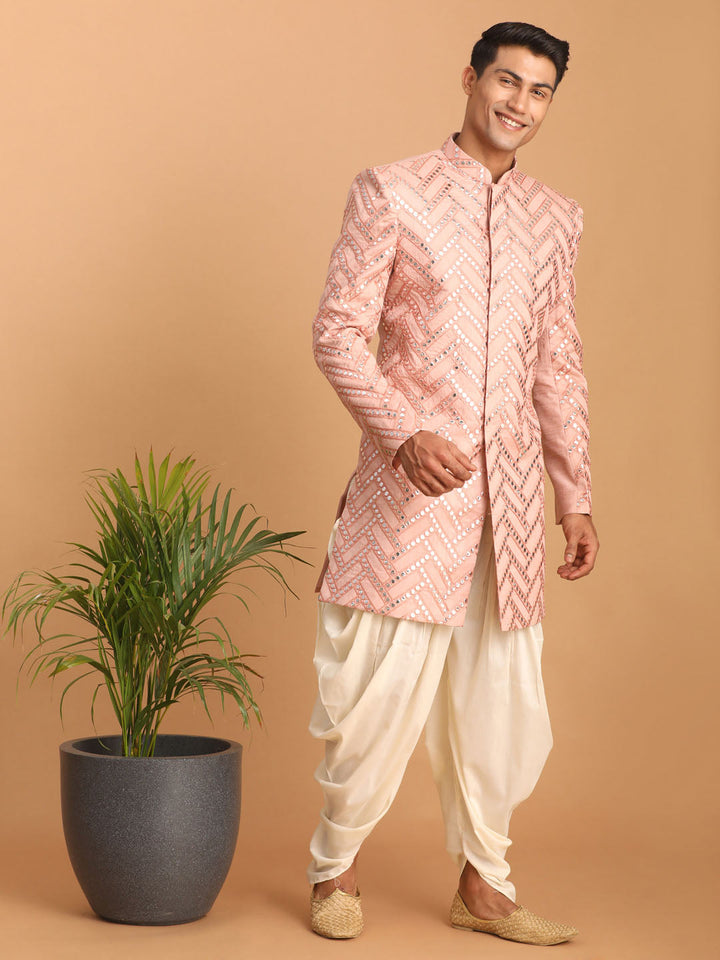 Vastramay Men's Pink Mirror Indo Western Sherwani Only Top