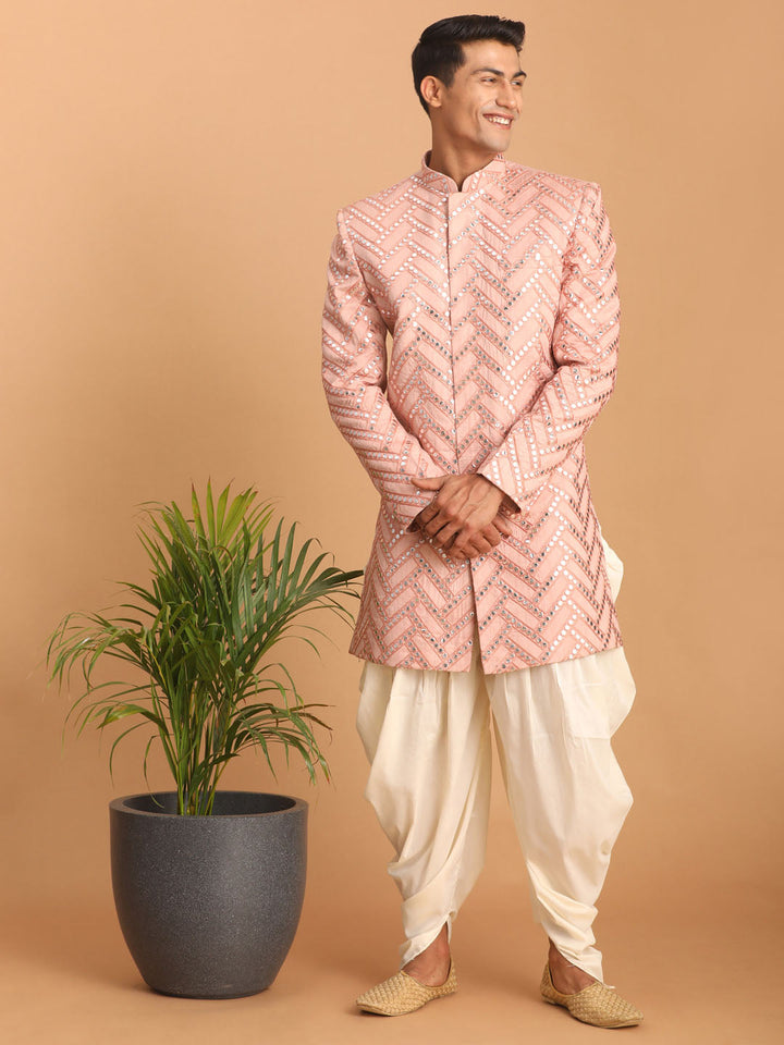 SHRESTHA By VASTRAMAY Men's Pink Mirror Indo Western Sherwani With Dhoti Set - Traditional Indian wedding attire in elegant pink color with mirror work embellishments